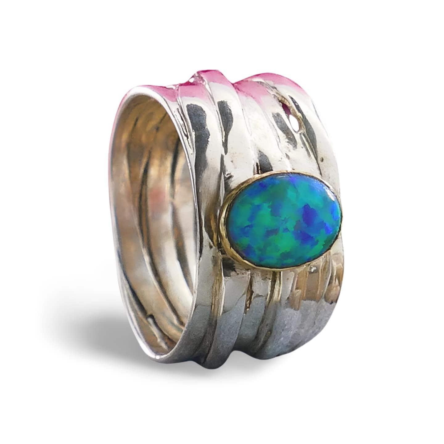 Unique Blue Opal Ring - Mixed Metal Wrap Ring in 9k Gold & Silver, Two Tone Solid 9k Yellow Gold & 925 Sterling Silver Wrap Ring