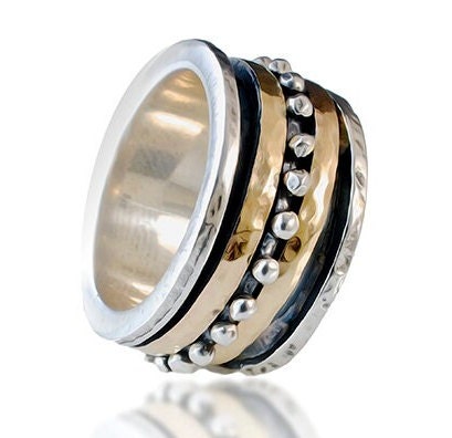 SPIRA Handcrafted Mixed metal Ring Two Tone Solid 9k Yellow Gold&925 Sterling Silver Spinner Ring,Oxidized Silver Fidget ring,Worry ring