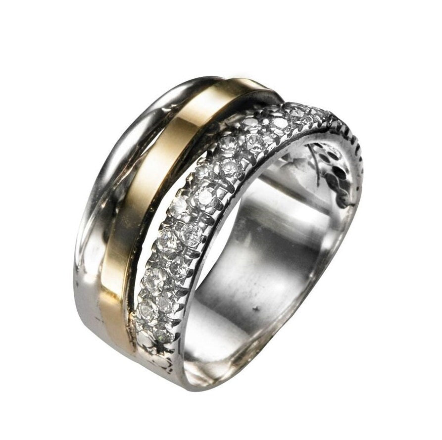 Sparkling Ring Two Tone Solid 9k Yellow Gold & 925 Sterling Silver Wrap Ring Cubic Zirconia Stone Set Setting Bohemian ring,Mixed metal ring