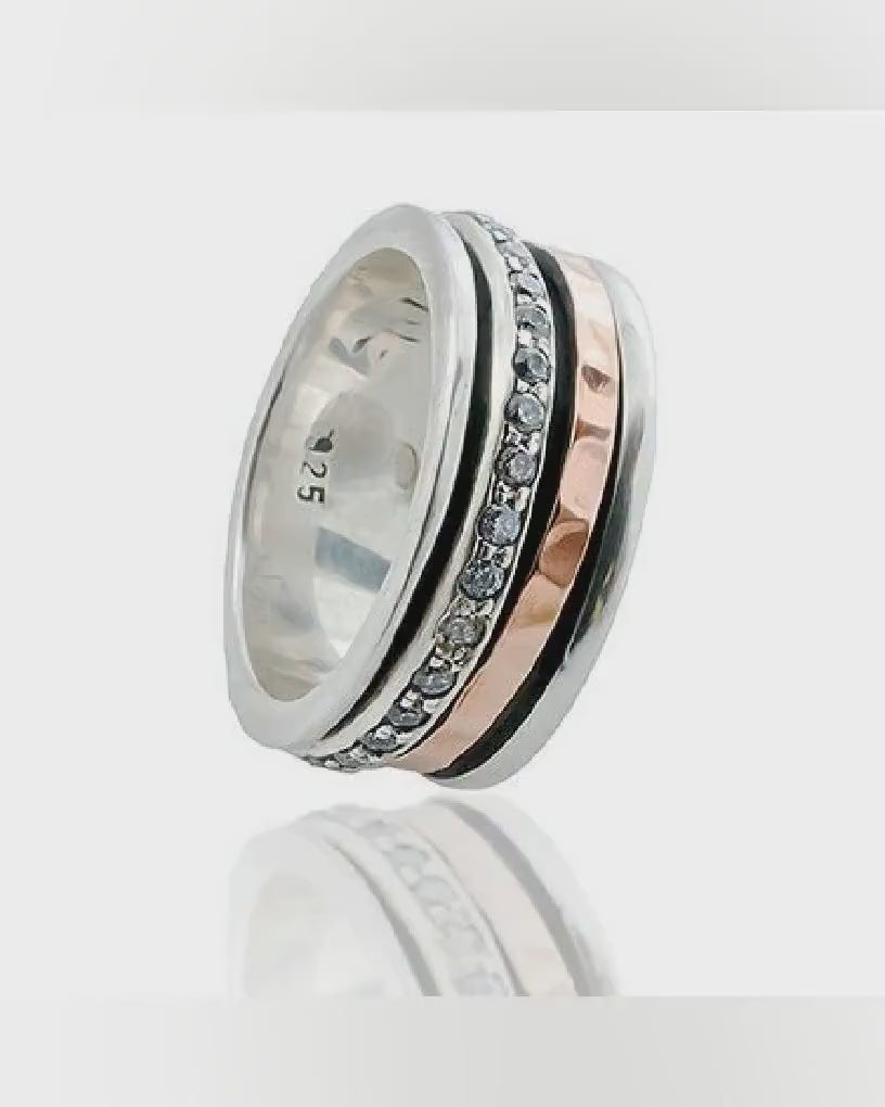 Mixed metal Ring 3.2 Carat White Cubic Zirconia Stone Two Tone Solid 9k Rose Gold &amp; 925 Sterling Silver Spinner Ring Hammered Silver Ring