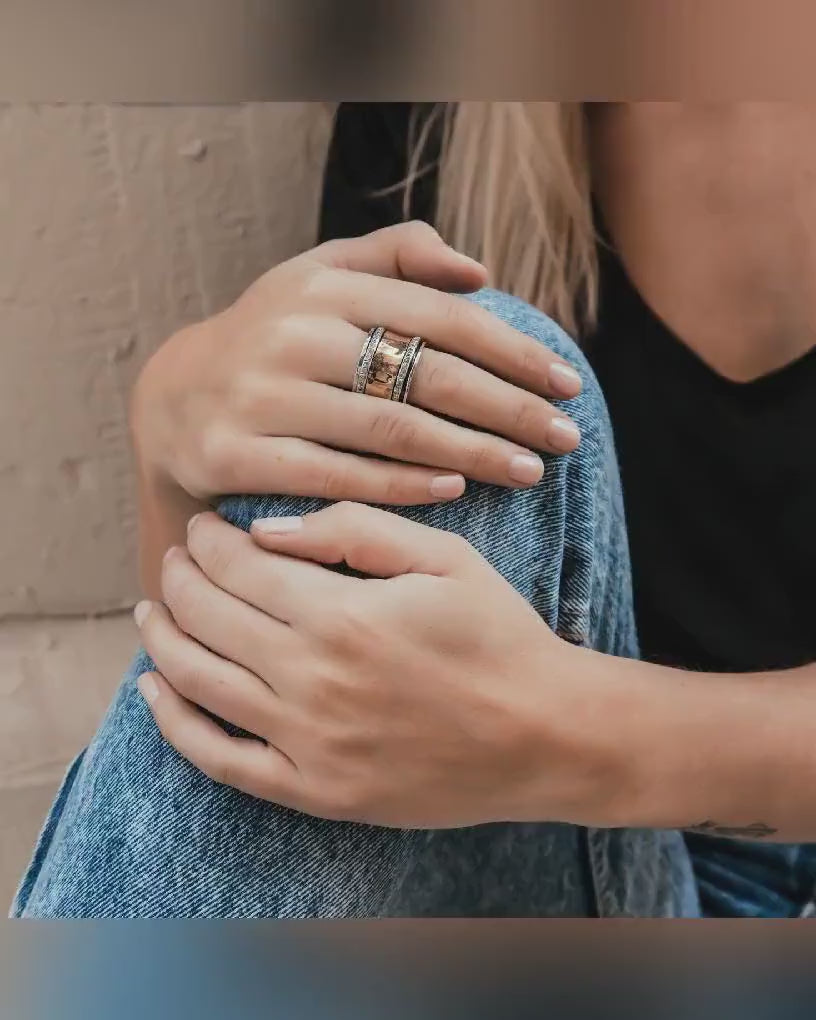 Unique Mixed Metal Spinner Ring White Cubic Zirconia Stone Two Tone Solid 9k Yellow Gold &amp; 925 Sterling Silver Set,Gypsy ring, Bohemian ring