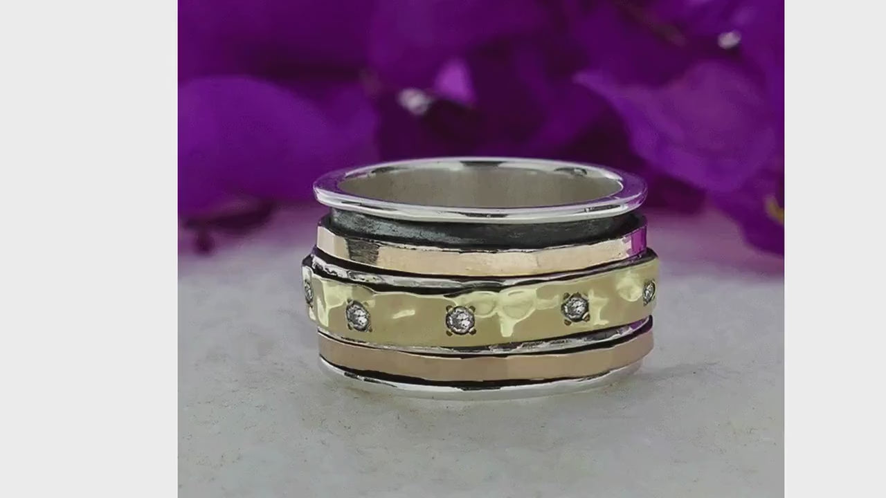 Unique Mixed Metal Spinner Ring Cubic Zirconia Stone Two Tone Solid 9k Yellow and Rose Gold 925 Sterling Silver Set Setting, Bohemian ring