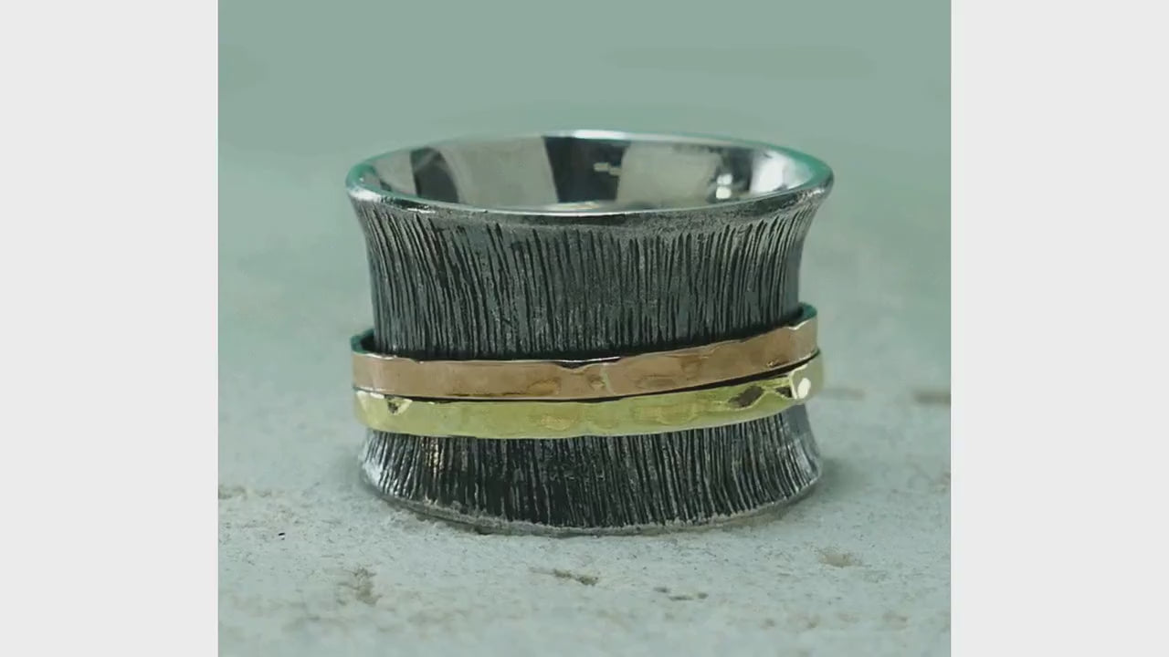 Oxidized Silver Spinner Ring Two Tone Solid 9 karat Yellow and Rose Gold And 925 Sterling Silver Fidget ring