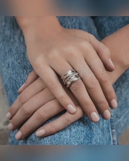 Mixed Metal Ring Gold Spinner Ring For Woman Two Tone Solid 9k Yellow and Rose Gold 925 Sterling Silver Cubic Zirconia Stone, Boho Ring