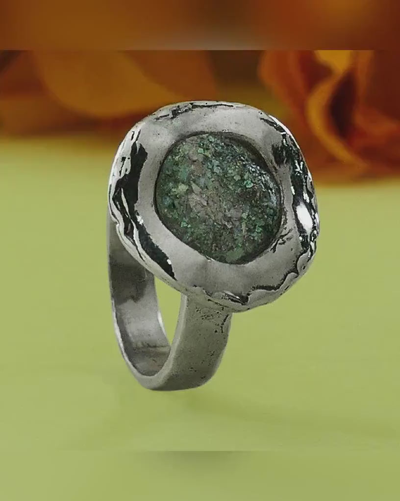 SPIRA Unique Handcrafted Green Roman Glass 925 Sterling Silver Solitaire Ring Set Setting Gypsy ring, Bohemian ring, Hippie ring, Boho ring