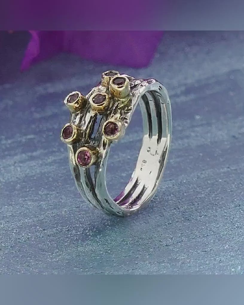 Natural Pink Tourmaline Two Tone Solid 9k Yellow Gold and 925 Sterling Silver Statement Ring