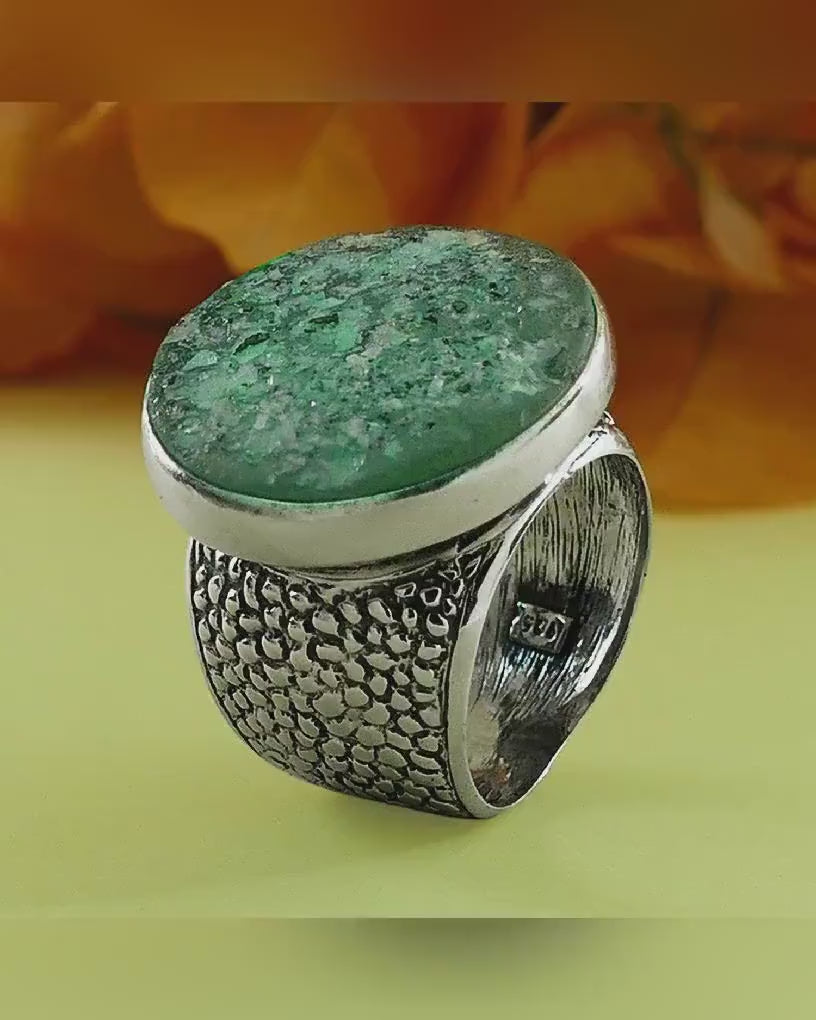 Large Green Ancient Roman Glass 925 Sterling Silver Statement Ring