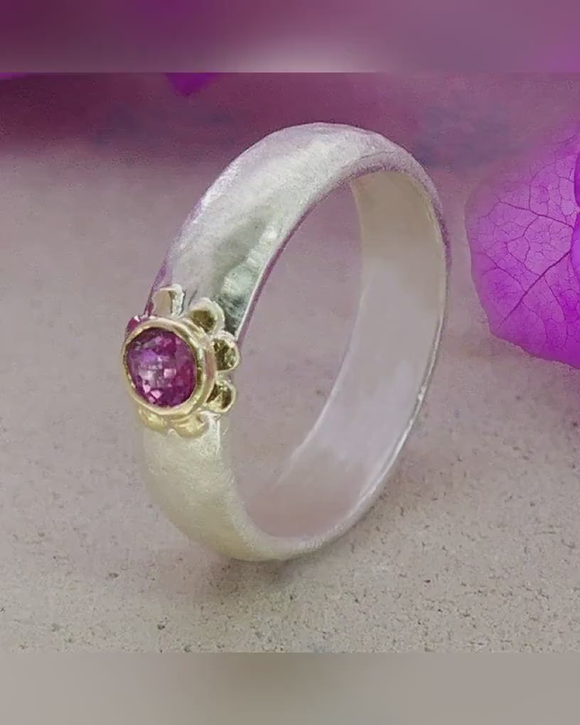 Tourmaline Mixed Metal Ring Natural Pink Tourmaline Gemstone Two Tone Solid 9k Yellow Gold &amp; 925 Sterling Silver Solitaire Ring