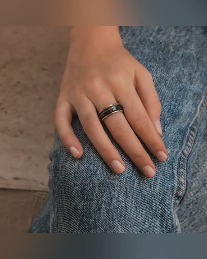 SPIRA Handcrafted Black Ceramic Two Tone Solid 9k Yellow Gold and 925 Sterling Silver Spinner Ring Set Setting, Gypsy ring, Bohemian ring