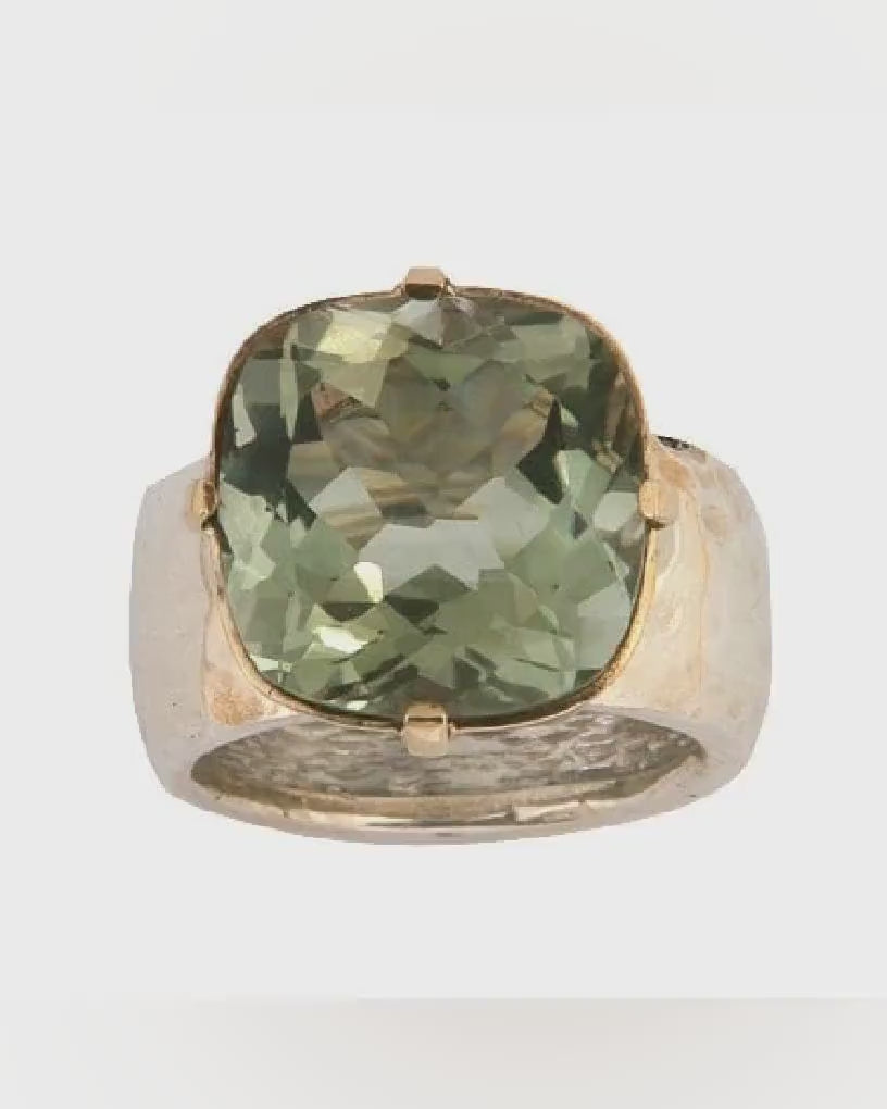 Two-Tone Silver &amp; Gold Solitaire Ring, Natural Green Amethyst Gemstone, Mixed Metal Ring