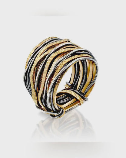 SPIRA Unique Handcrafted  Design Two Tone 14K Gold filled And 925 Sterling Oxidied Silver Wrap Boho Ring Wide two tone ring Mixed metal ring