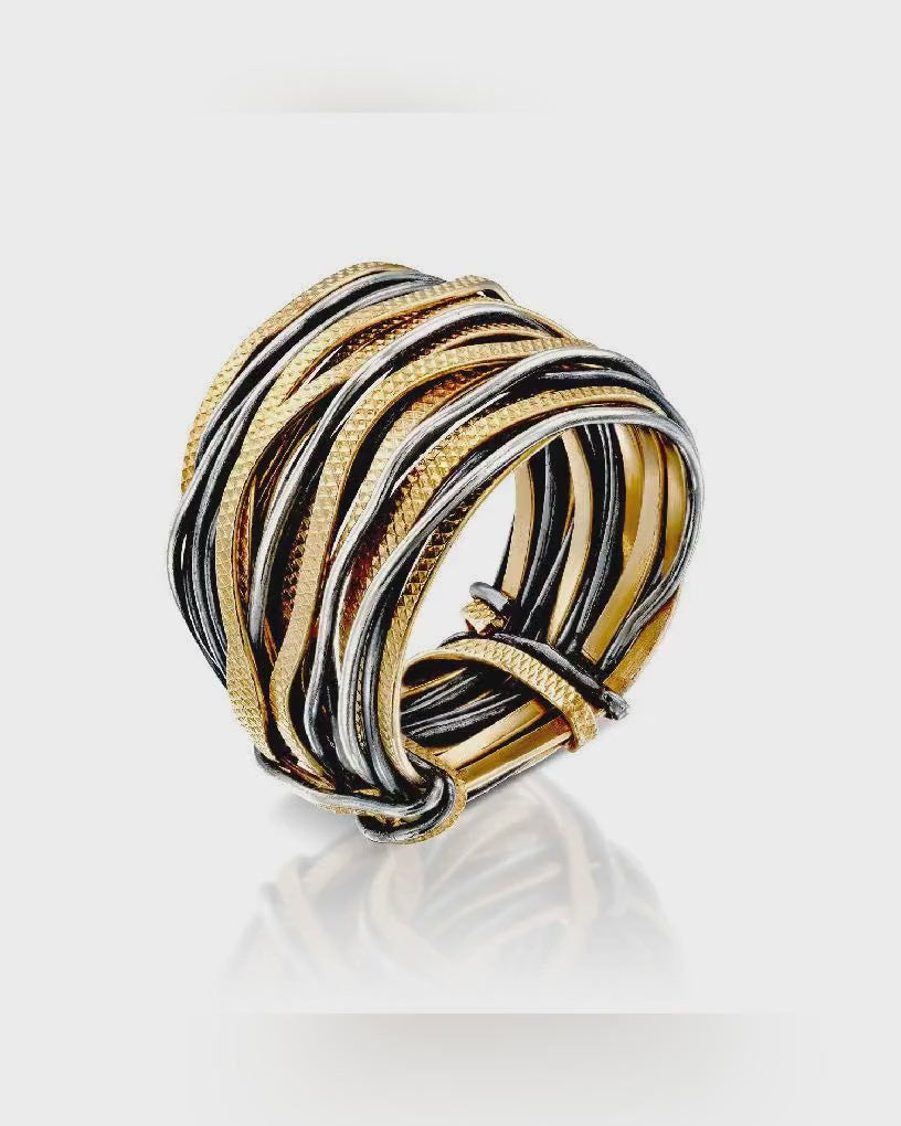 SPIRA Unique Handcrafted  Design Two Tone 14K Gold filled And 925 Sterling Oxidied Silver Wrap Boho Ring Wide two tone ring Mixed metal ring