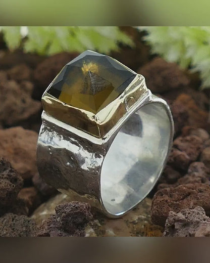 Smoky Quartz Mixed Metal Ring 8.7 Carat Natural Brown Smoky Quartz Gemstone Two Tone Solid 9k Yellow Gold&amp;925 Sterling Silver Solitaire Ring