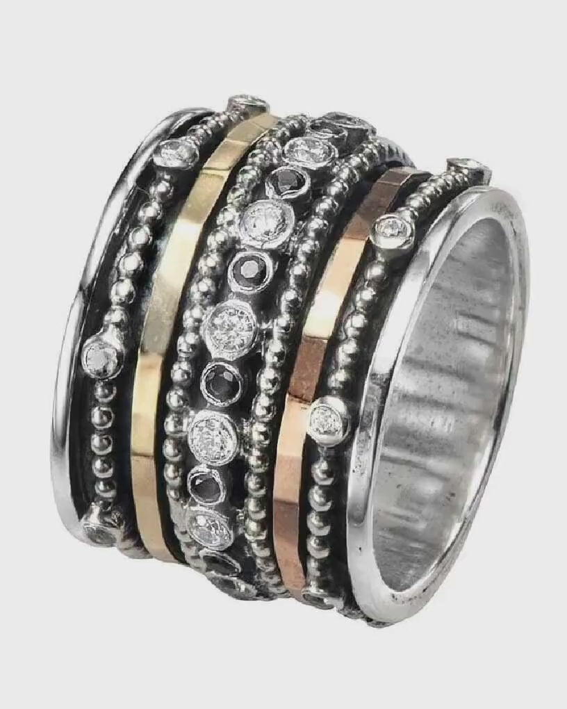 Mix Metal Spinner Ring Two Tone Solid 9k Yellow/Rose Gold and 925 Sterling Silver Oxidized worry ring Set with Cubic zirkonia &amp; Black spinel