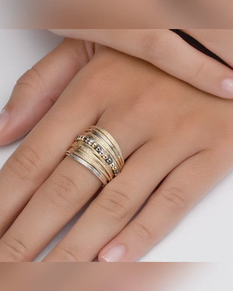 Wide Two-Tone Wrap Ring Jewelry, Handcrafted 14K Gold-Filled and Sterling Silver, Large Bohemian Ring