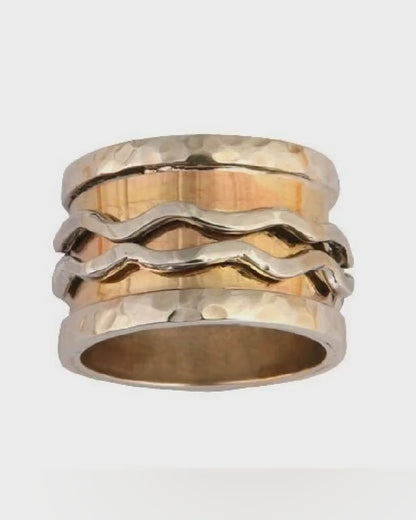 Handcrafted Two Tone Spinner Ring Solid 9 karat Yellow Gold and 925 Sterling Silver Worry ring