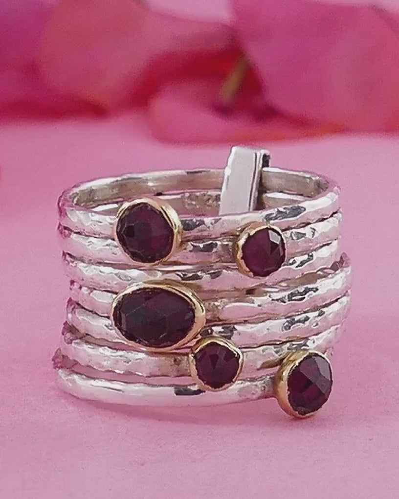 Unique Garnet gemstone Stackable Ring Two Tone Solid 9k Yellow Gold 925 Sterling Silver