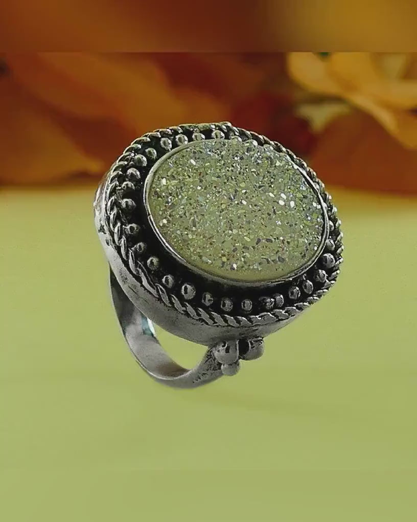 White Agate Druzy 925 Sterling Silver Statement Ring, Bohemian ring