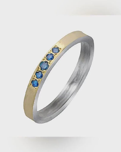 Engagement ring 0.2 Carat Natural Round Blue Diamonds Mixed metal ring Two Tone Solid 9k Yellow Gold and 925 Sterling Silver Stackable Ring