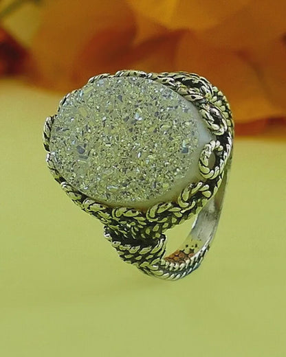 Druzy oxidied Silver Ring 925 Sterling Silver White Agate Druzy gemstone, Bohemian ring