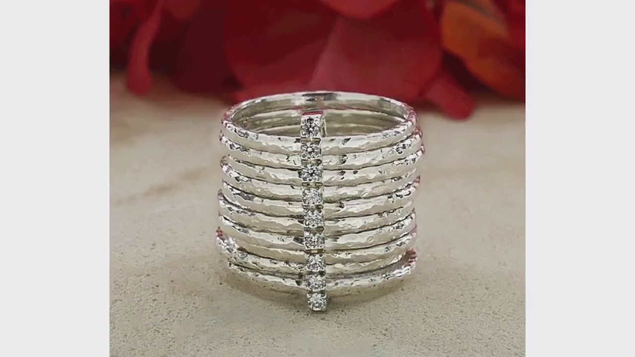 Unique 925 Sterling Silver Hammered Stackable Ring 0.72 Carat White Cubic Zirconia Stone Set Setting, Large ring,Gypsy ring,Bohemian ring