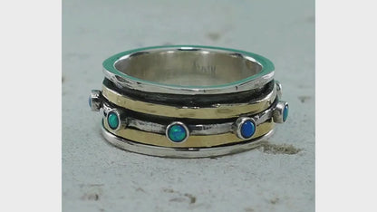 Colorful Spin: Opal Gemstone Two-Tone Spinner Ring