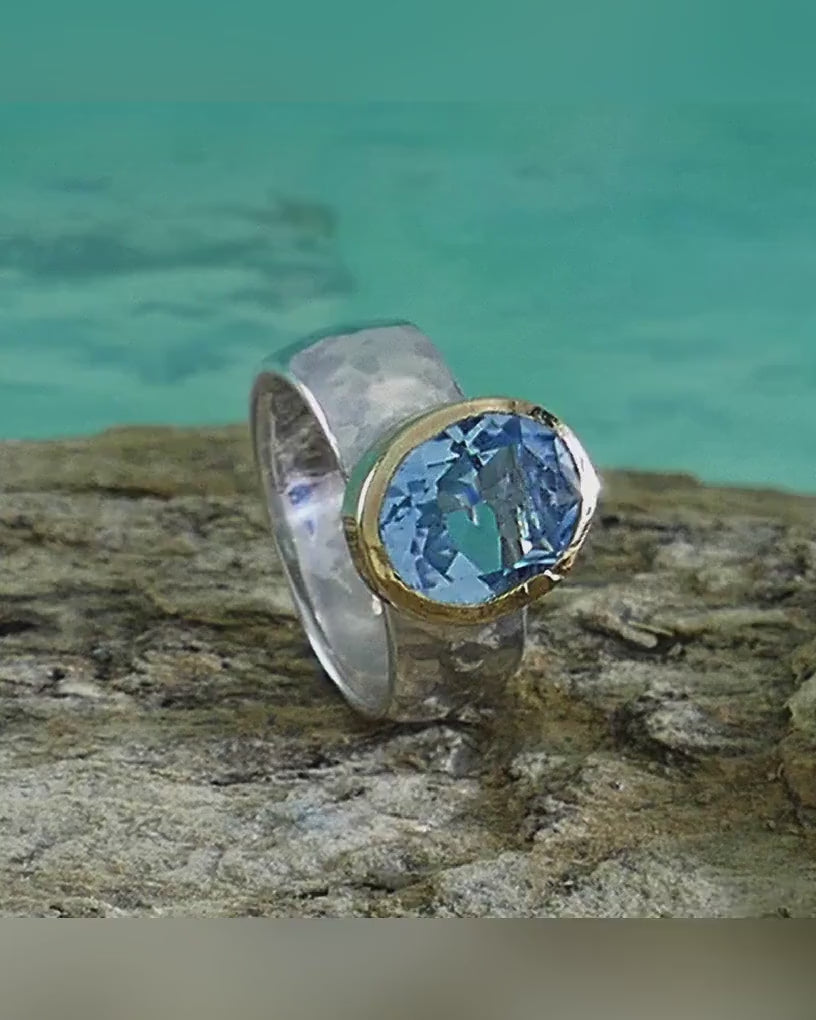 Ocean Dream: Handcrafted Blue Topaz Ring in Silver and Gold, Statement ring