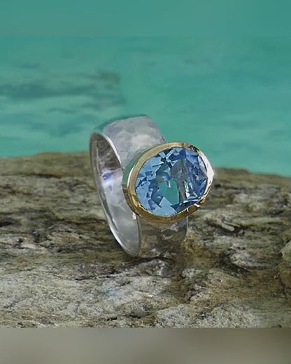 Ocean Dream: Handcrafted Blue Topaz Ring in Silver and Gold, Statement ring