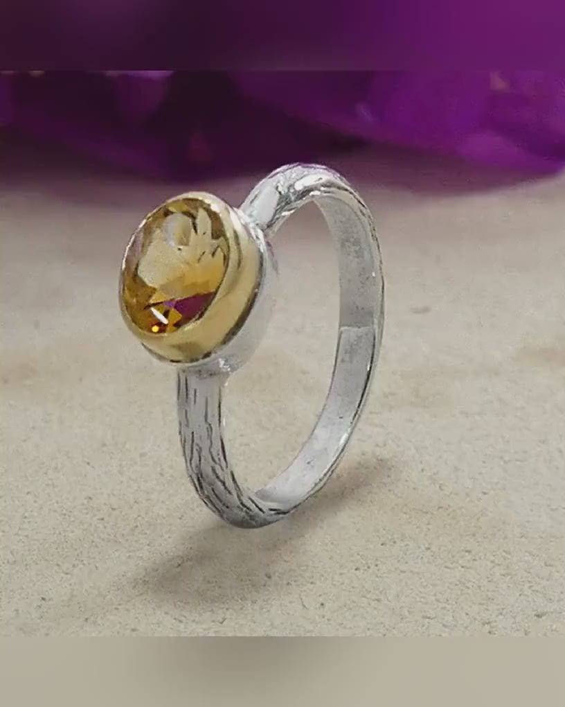 Citrine Mixed Metal Ring 1.7 Carat Natural Yellow Citrine Gemstone Two Tone Solid 9k Yellow Gold and 925 Sterling Silver Solitaire Ring Set