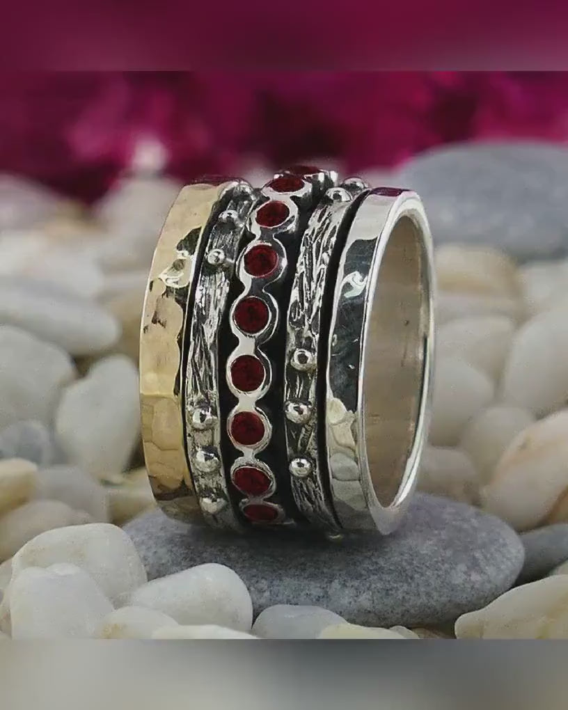 Natural Red Garnet Gemstone Ring, 1.6 Carat Mixed Metal Two Tone Ring, Spinner Ring in 9k Gold and Sterling Silver