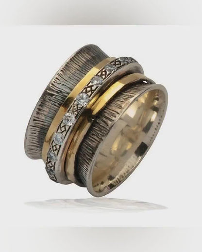 Unique Two Tone Spinner Ring 1.6 Carat White Cubic Zirconia Stone Solid 9k Yellow Gold and 925 Sterling Silver,Oxidized Silver Fidget ring