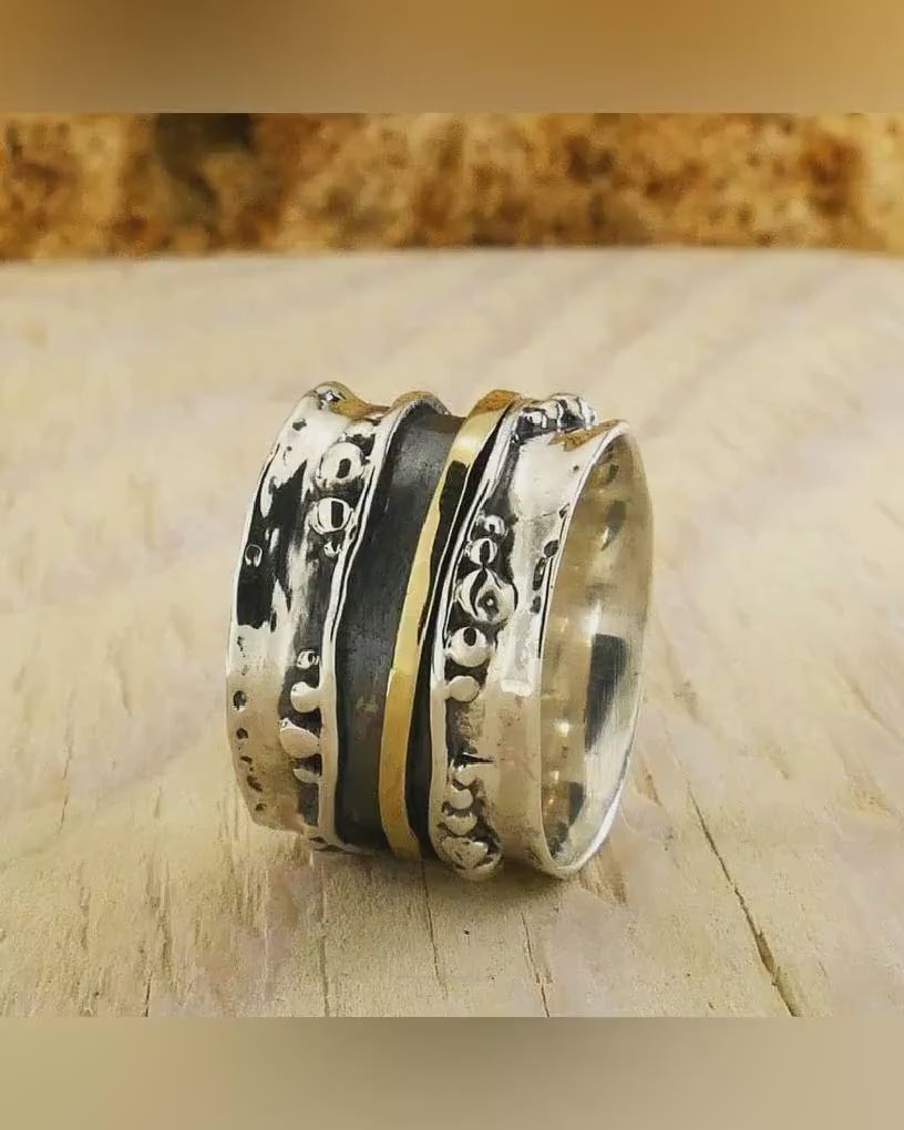 SPIRA Handcrafted Contemporary Design Two Tone Solid 9k Yellow Gold &amp; 925 Sterling Silver Spinner Ring,Wide two tone ring,Unique unisex ring