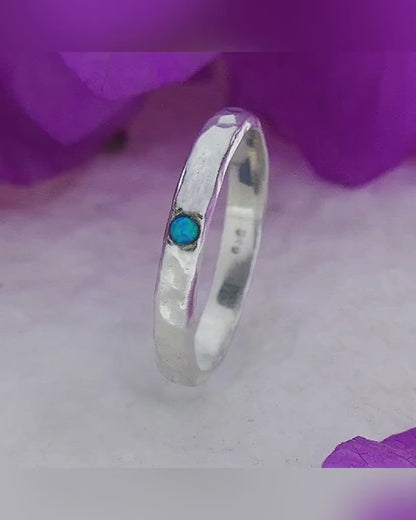 925 Sterling Silver Hammered Stackable Ring Set with Blue Opal Stone, Minimalist Ring