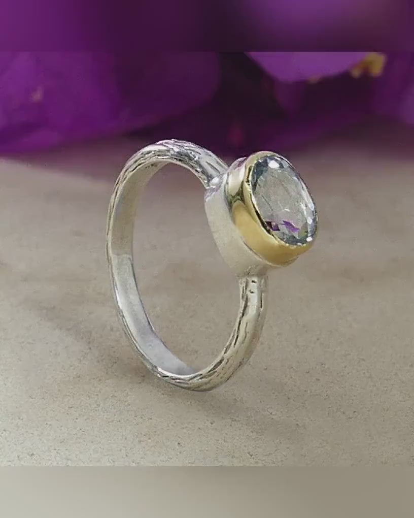 Blue Topaz Mixed Metal Ring 1.7 Carat Natural Blue Topaz Gemstone Two Tone Solid 9k Yellow Gold&amp;925 Sterling Silver Solitaire Ring Gemstone