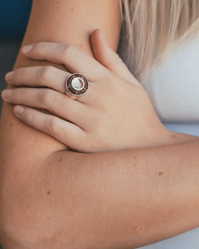 Handmade Red Garnet Statement Ring Two Tone Solid 9 karat Yellow Gold and 925 Sterling Silver