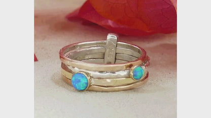 Unique Blue Opal Stones Statment Ring Two Tone Solid 9 karat Yellow and Rose Gold 925 Sterling Silver