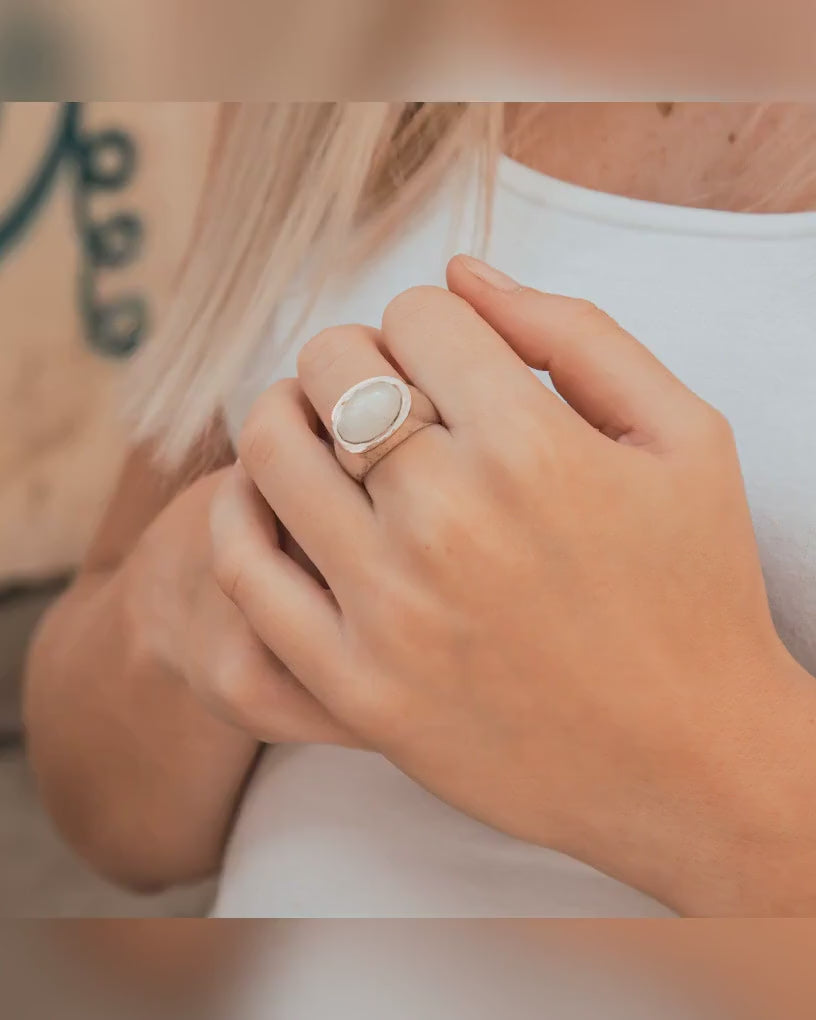 Moonstone Statment Ring Two Tone Solid 9 karat Rose Gold and 925 Sterling Silver