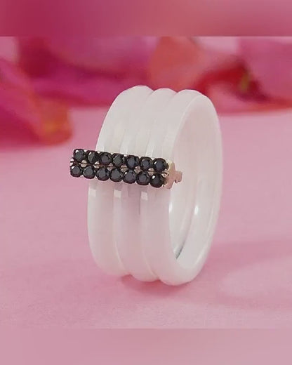 Black Spinel White Ceramic Stackable Ring 925 Sterling Silver, Bohemian ring