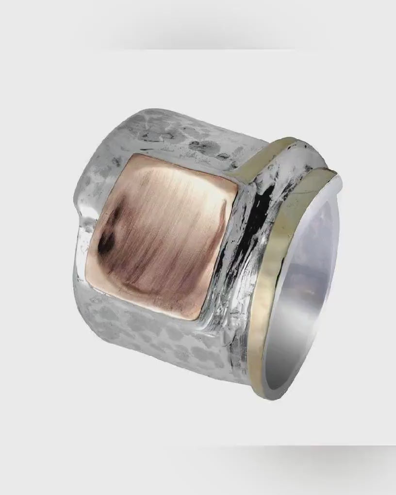 Bold Elegance: Handcrafted Tree Tones in Silver and Gold Unique Statement Ring