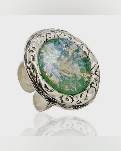 Green Ancient Roman Glass 925 Sterling Silver Statement Ring