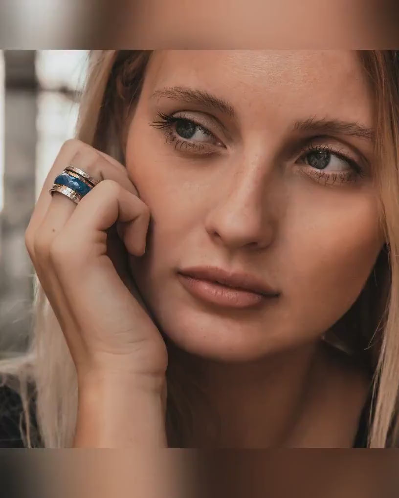 Unique Blue Ceramic Spinner Ring Two Tone Solid 9 karat Yellow Gold and 925 Sterling Silver Fidght Ring