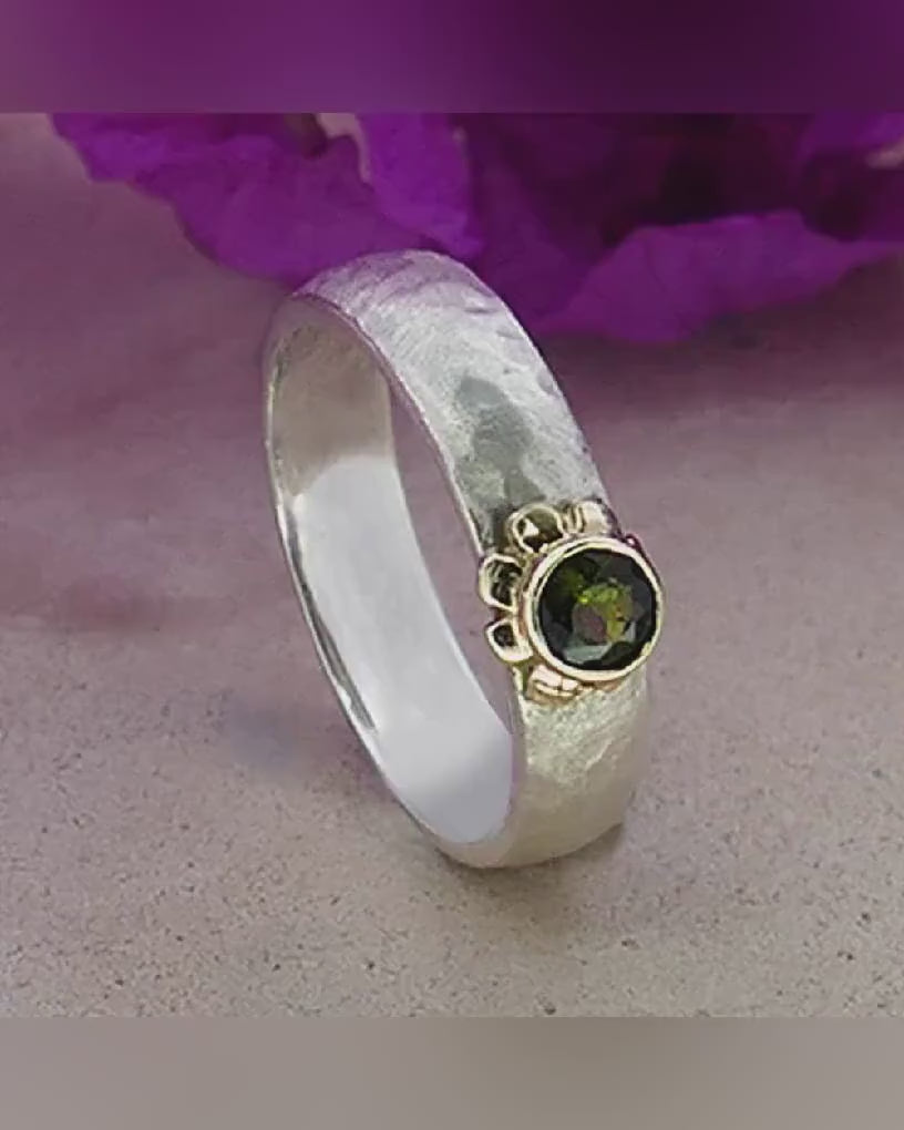 Mixed Metal Ring Natural Green Tourmaline Gemstone Two Tone 9k Gold & 925 Sterling Silver Hammered Silver Ring Engagement Ring