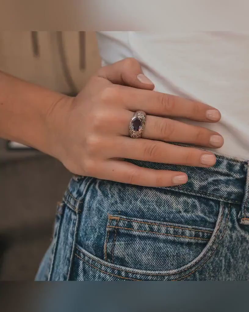 Handmade Purple Amethyst Gemstone Statment Ring Two Tone Solid 9k Yellow Gold and 925 Sterling Silver