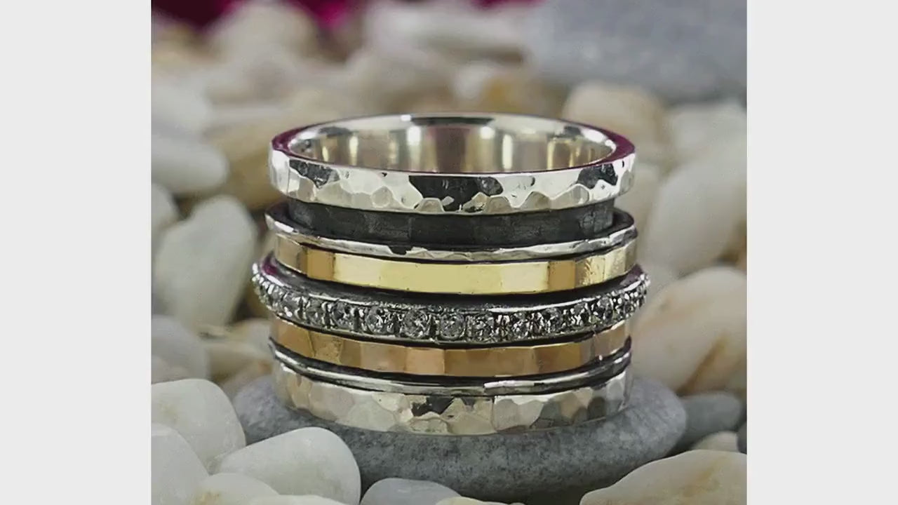 Unique Mixed Metal Spinner Ring Cubic Zirconia Stone Two Tone Solid 9k Yellow and Rose Gold 925 Sterling Silver Set Setting, Bohemian ring