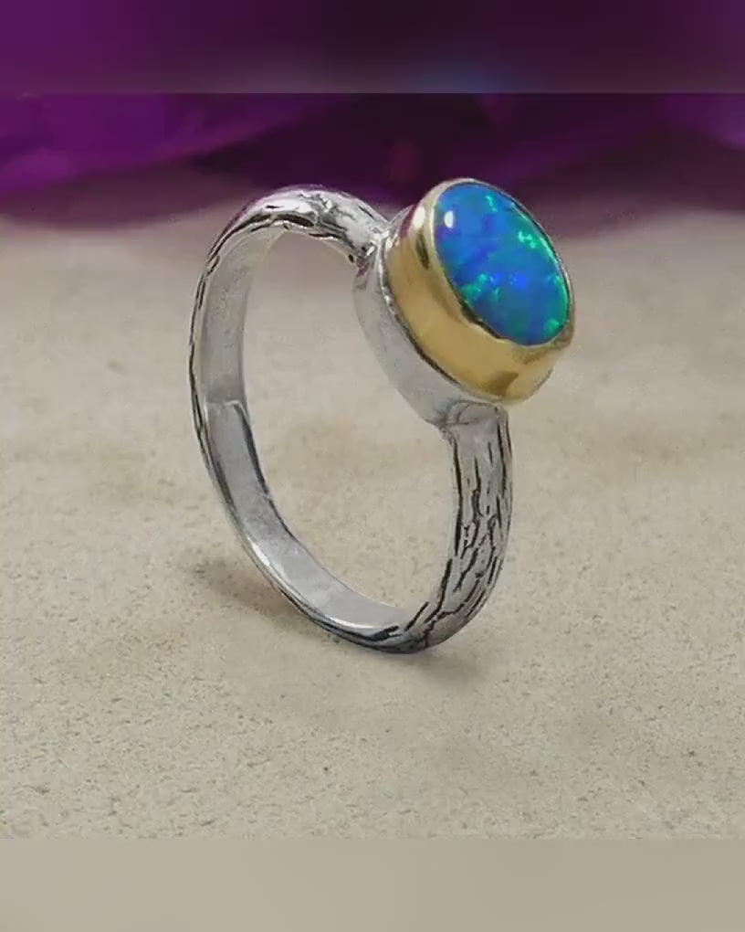 Blue Opal Mixed Metal Ring Two Tone Solid 9 karat Yellow Gold and 925 Sterling Silver