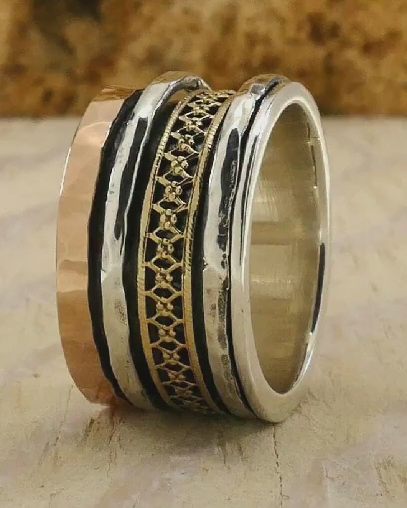 Whirling Elegance: Retro Style Two-Tone Spinner Ring, Fidget ring