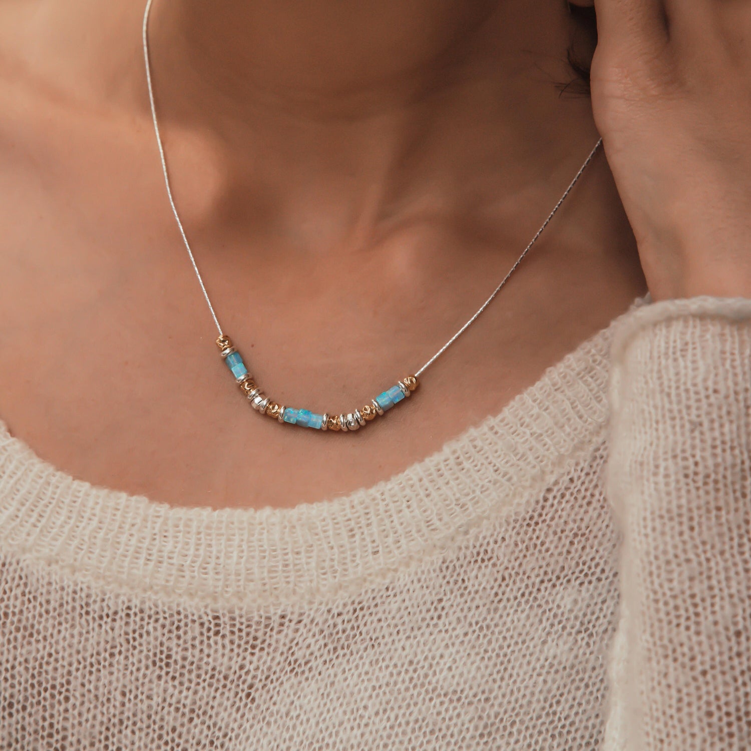 SPIRA Opal Necklace Handcrafted 925 Sterling Silver and 14K Yellow Gold Filled Blue Opal Stone Chain Gemstone Necklace Mixed Metal Necklace