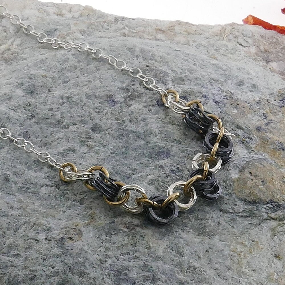 SPIRA Mixed Metal Necklace Unique Handcrafted 925 Sterling Silver and 14K Yellow Gold Filled Loop Chain Boho Chic Necklace Two Tone Necklace