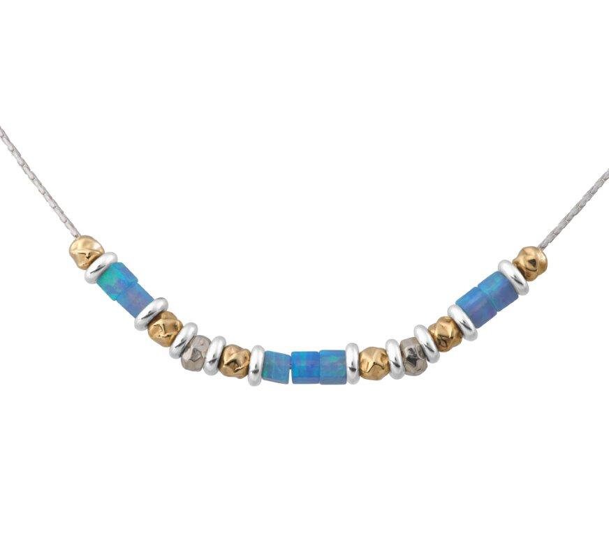 SPIRA Opal Necklace Handcrafted 925 Sterling Silver and 14K Yellow Gold Filled Blue Opal Stone Chain Gemstone Necklace Mixed Metal Necklace