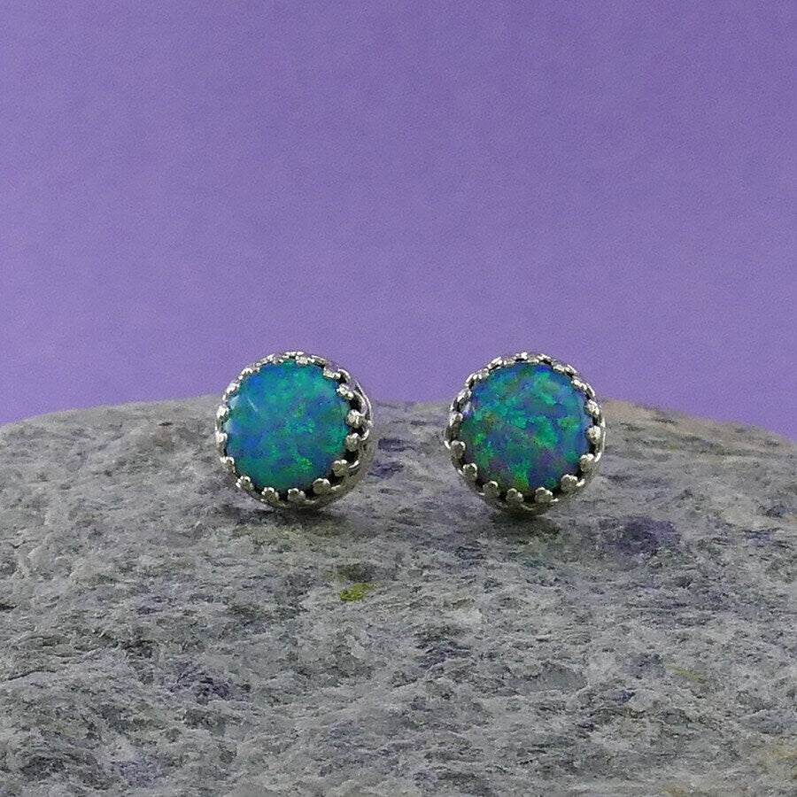 Stud Earrings 925 1.5 Carat Blue Opal Stone 925 Sterling Silver, Everyday earrings